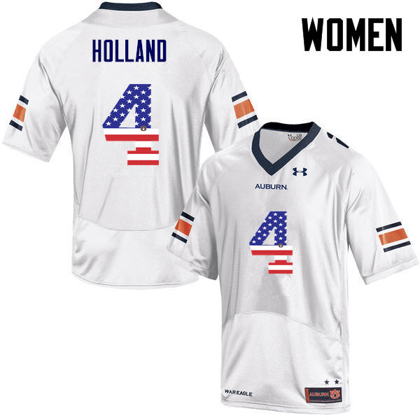 Women #4 Jeff Holland Auburn Tigers USA Flag Fashion College Football Jerseys-White